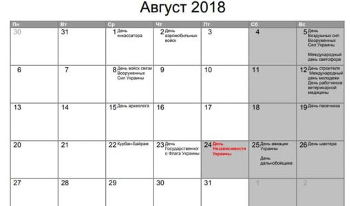 Вихідні та святкові дні у серпні 2018 року в Україні
