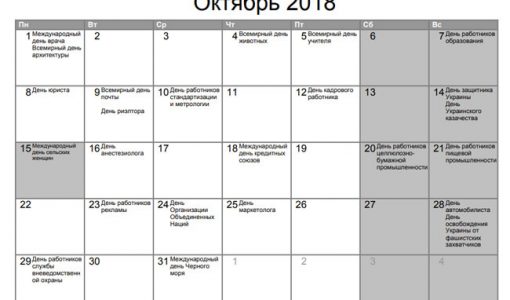 Святкові вихідні дні в жовтні 2018 року
