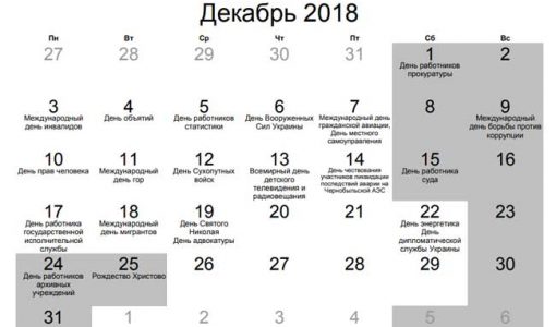 Вихідні та святкові дні у грудні 2018 року в Україні