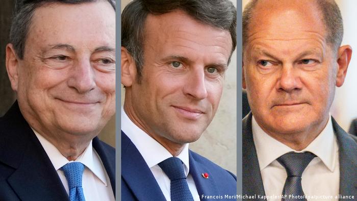 Лідери Італії, Франції та Німеччини: Маріо Драгі, Емманюель Макрон та Олаф Шольц