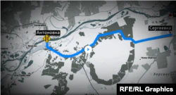 Карта.  Передвижение танков Пальченко к Антоновскому мосту, 24 февраля 2022 года