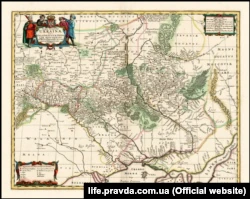 Карта Украины французского военного инженера и картографа Гийома Левассера де Боплана 1680 (на основе генеральной карты 1648).  А в правом верхнем углу отмечено расположение Московии – Moscovia Pars (Земля Московия)