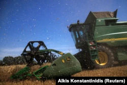 Комбайн собирает пшеницу на поле Днепропетровщины, 30 июля