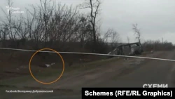 Видео, снятое в начале апреля, после освобождения Андреевки от российских солдат.  На нем видно тело на обочине и сожженный микроавтобус.