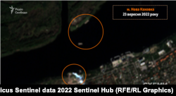 Дым в районе причала в Новой Каховке виден на спутниковом снимке от 23 сентября